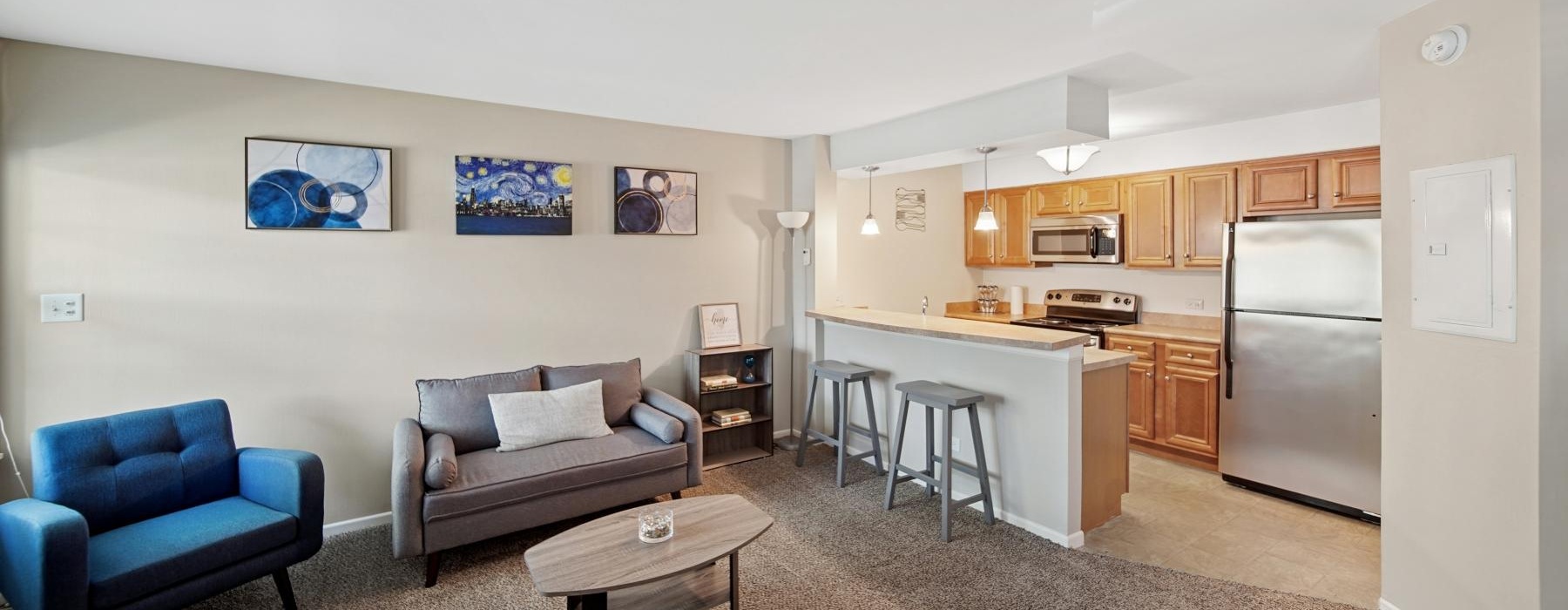 a living room with a couch and a table