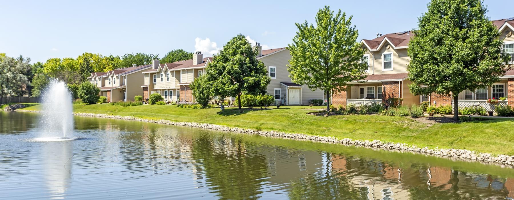 a fountain in a pond